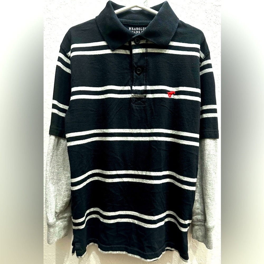 Boys Wrangler Black & Gray Long Sleeve Striped Collar Polo Shirt Size M(8)